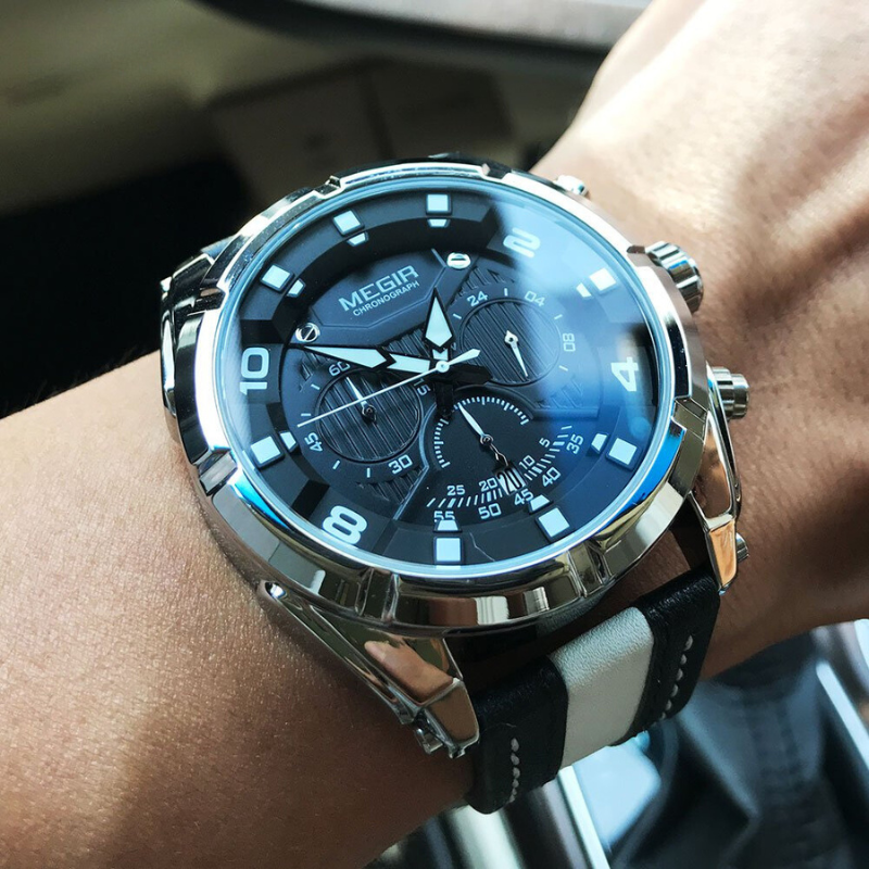 Luxe militair sport chronograaf horloge in leer