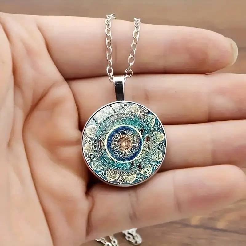 Vintage ronde blauwe mandala ketting