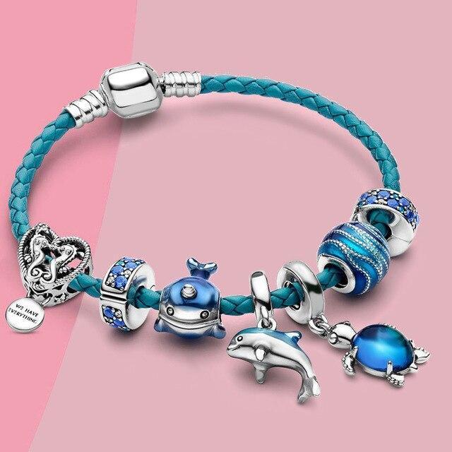 Armband in oceaanstijl + bedels in leer en zilver inbegrepen