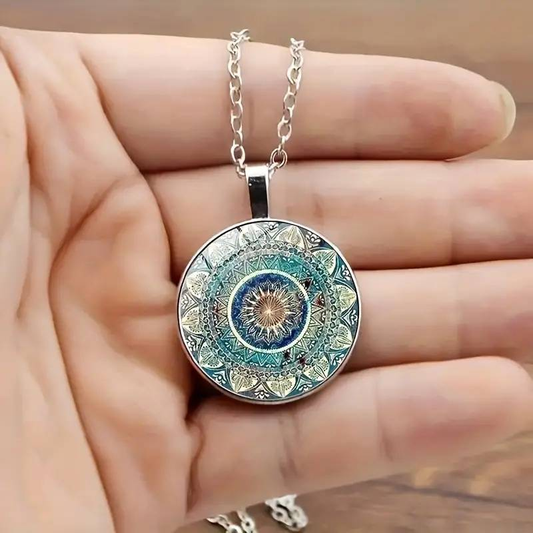 Vintage ronde blauwe mandala ketting